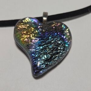 Handmade Dichroic Fused Art Glass Heart Pendant Necklace Velvet Cord Rainbow